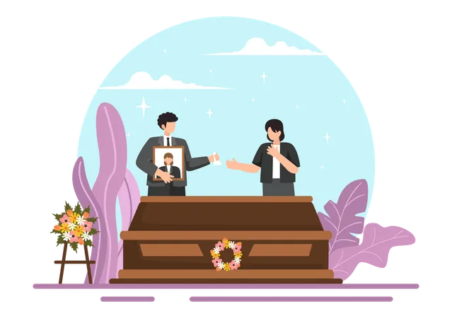 Funeral Ceremony Vector Illustration Of Sad People In Black Clothes Standing By A Grave With Wreaths Around A Coffin In A Flat Cartoon Background Illustration