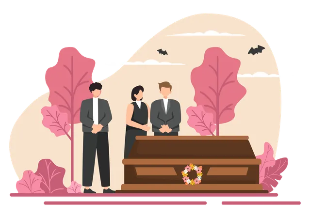 Funeral Ceremony Vector Illustration Of Sad People In Black Clothes Standing By A Grave With Wreaths Around A Coffin In A Flat Cartoon Background Illustration