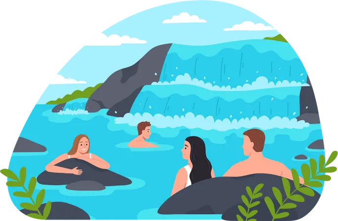 People bathing near waterfall Illustration