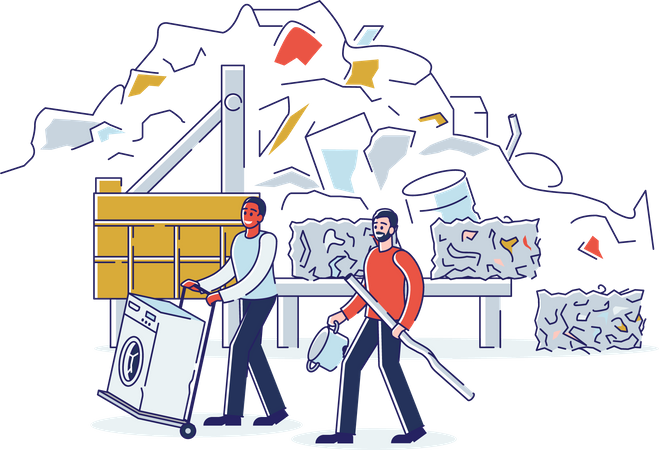 People Bring Old Metal Things And Broken Washing Machine On Cart to Metal Recycling Plant Illustration