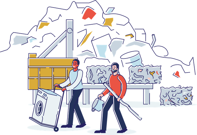 People Bring Old Metal Things And Broken Washing Machine On Cart to Metal Recycling Plant  Illustration