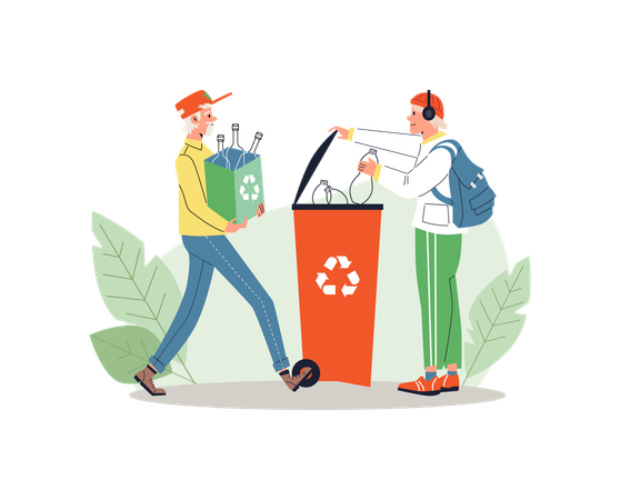 People bringing waste for recycling     on white  Illustration