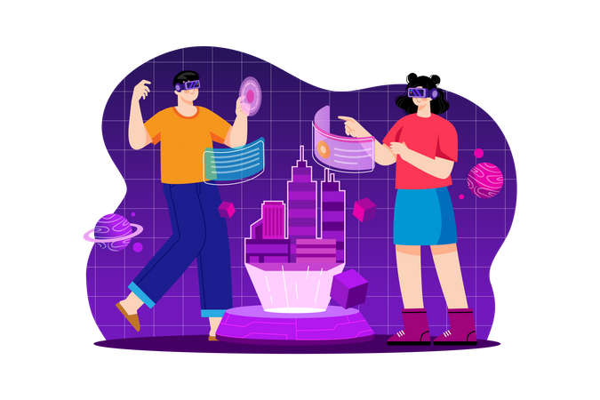 People building a virtual world  Illustration
