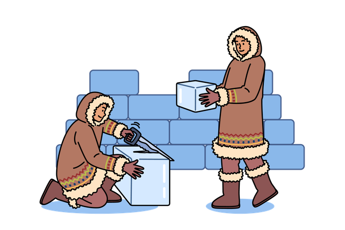 People building igloo using ice blocks  Illustration