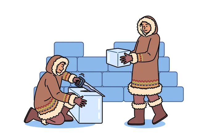 People building igloo using ice blocks  Illustration