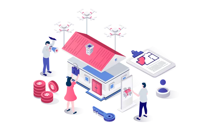 People building residential houses and planning architecture projects  Illustration