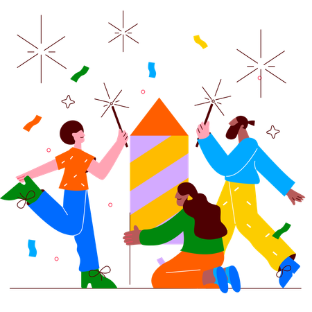 People bursting fire crackers on occasion of new year  Illustration