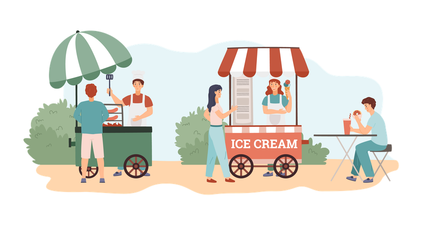 People buy food at vendor carts and eat outdoors  Illustration