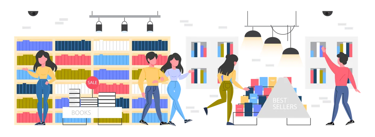 People buying books in store Illustration