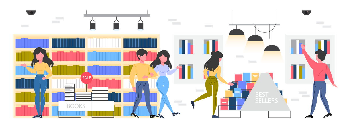 People buying books in store  Illustration