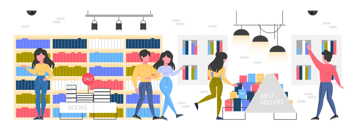 People buying books in store  Illustration