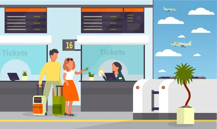 People buying flight ticket form ticket window  Illustration