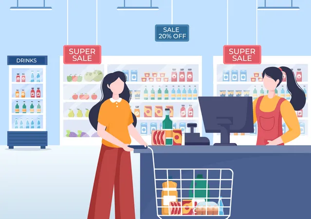 People buying goods in supermarket Illustration