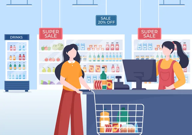 People buying goods in supermarket  Illustration