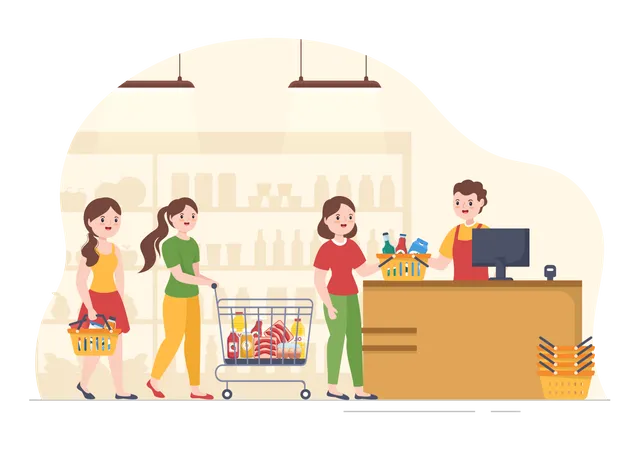 Grocery Store Or Supermarket With Food Product Shelves Racks Dairy Fruits And Drinks For Shopping In Flat Cartoon Hand Drawn Templates Illustration イラスト
