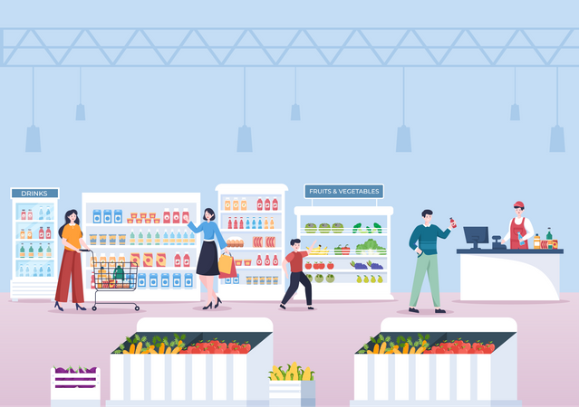 People buying grocery in supermarket Illustration