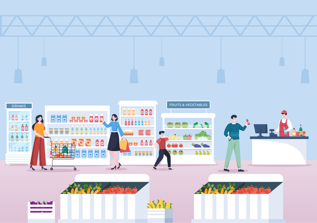 People buying grocery in supermarket  Illustration