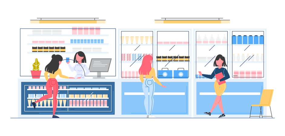 People buying medicine at Pharmacy Store Illustration
