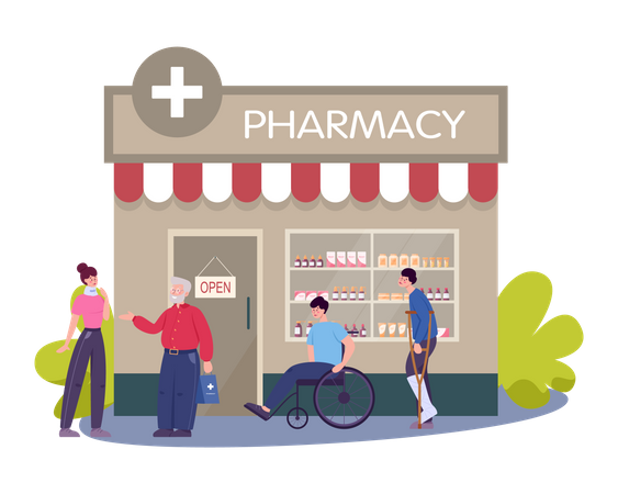 People buying medicine from Pharmacy Shop Illustration