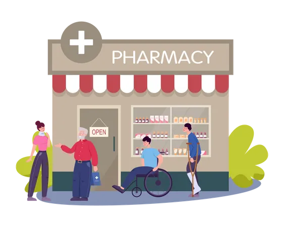 People buying medicine from Pharmacy Shop Illustration