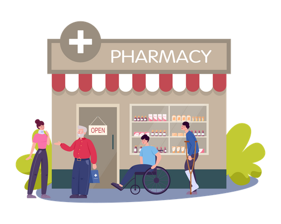 People buying medicine from Pharmacy Shop  Illustration