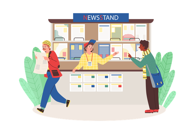 People buying newspapers in newsstand  Illustration