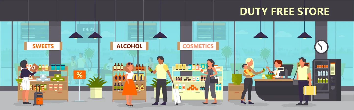Duty Free Interior In The Airport Building People Buying Cheap Products Alcohol Cosmetics And Sweets Tax Free Vector Flat Illustration 일러스트레이션