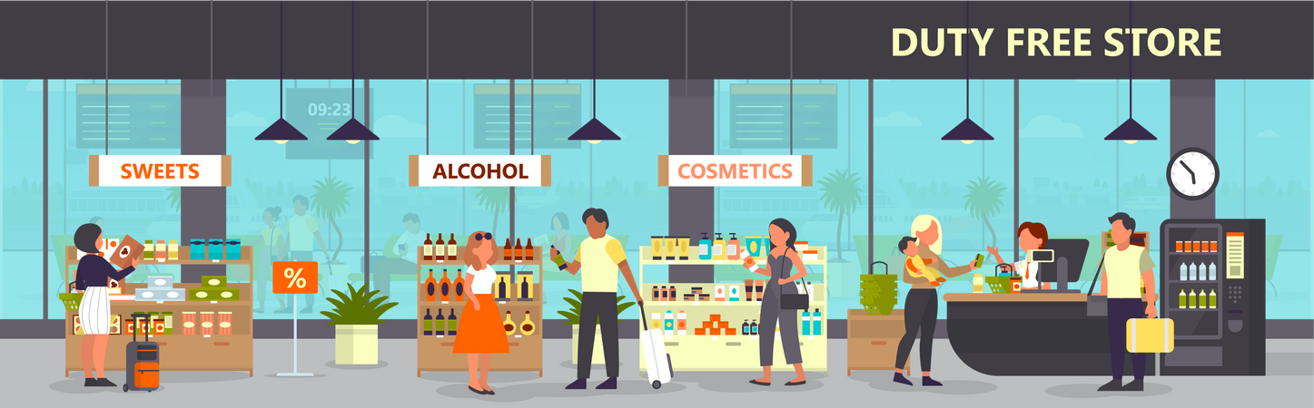 People buying products from duty free store  Illustration