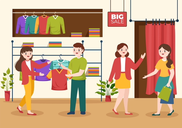 People buying t shirt from showroom  イラスト