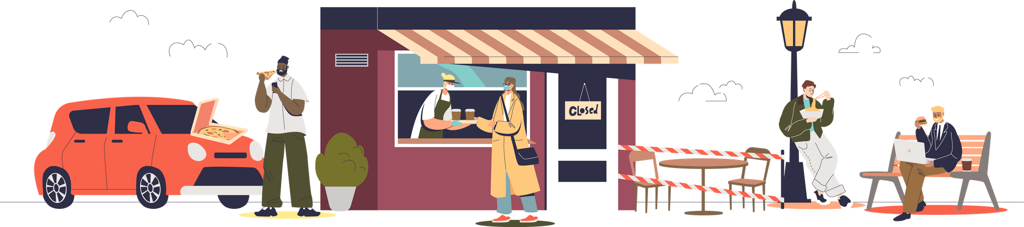 People buying takeaway food and beverages in cafe for covid protection and prevention Illustration
