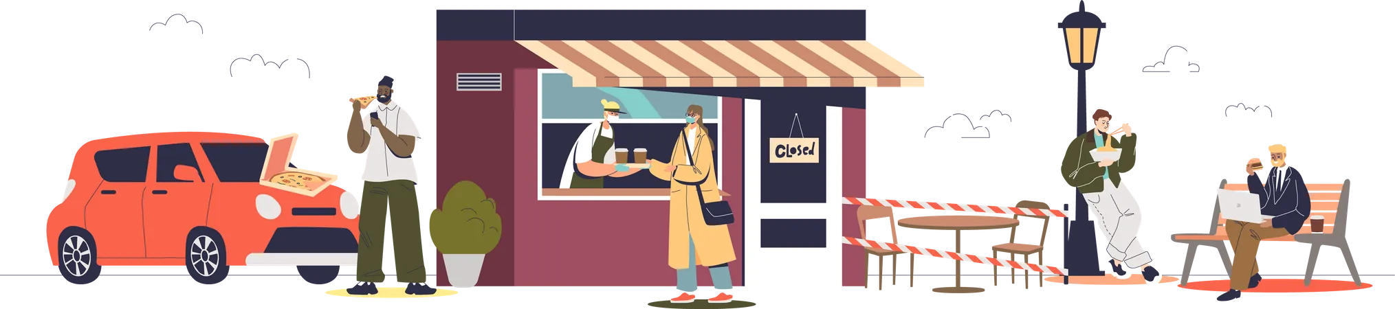 People buying takeaway food and beverages in cafe for covid protection and prevention Illustration