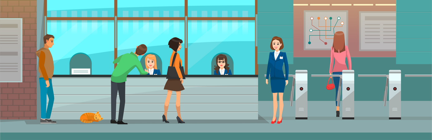 People buying train ticket from ticket window Illustration