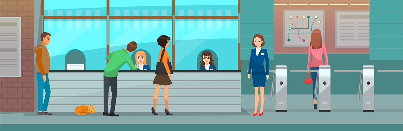 People buying train ticket from ticket window  Illustration