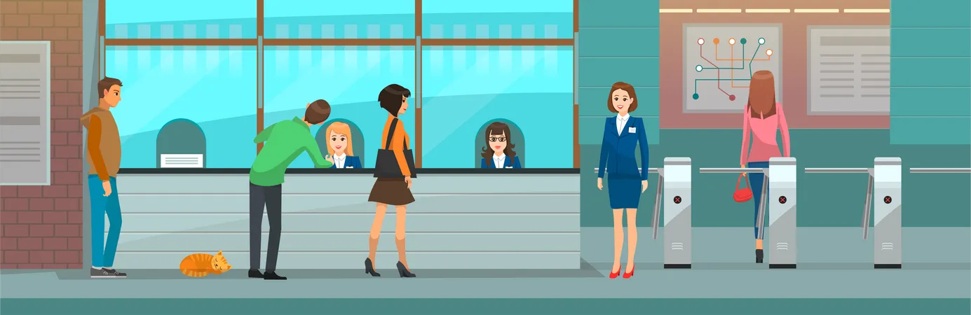 People buying train ticket from ticket window  Illustration