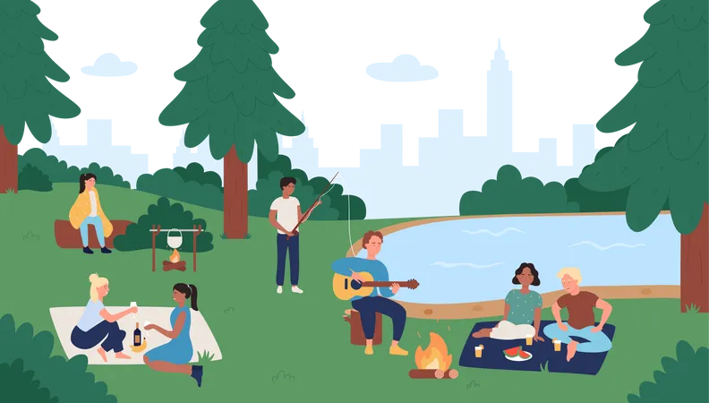 People camping in park  Illustration