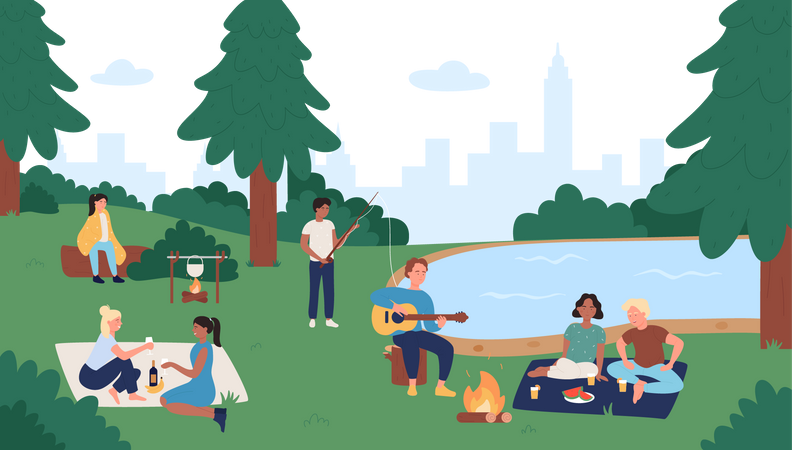 People camping in park  Illustration