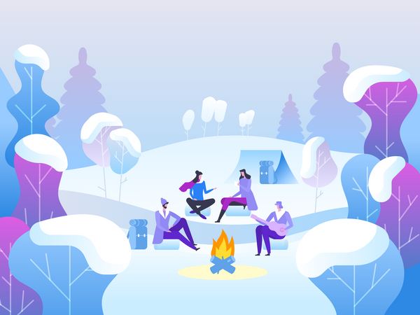 People camping in winter forest  Illustration
