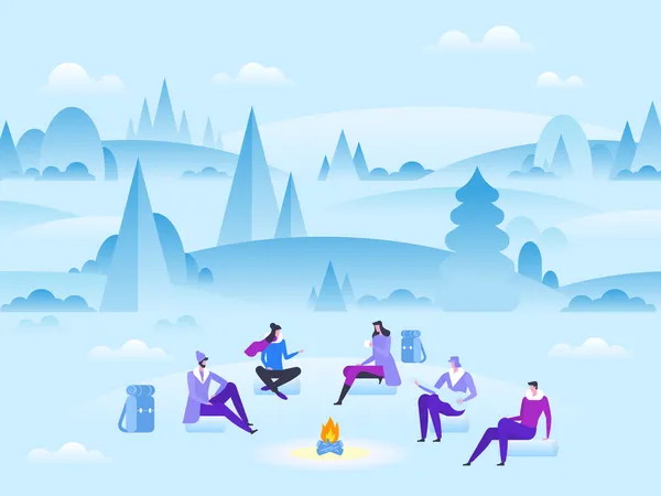 People camping on snow lake during winter  Illustration