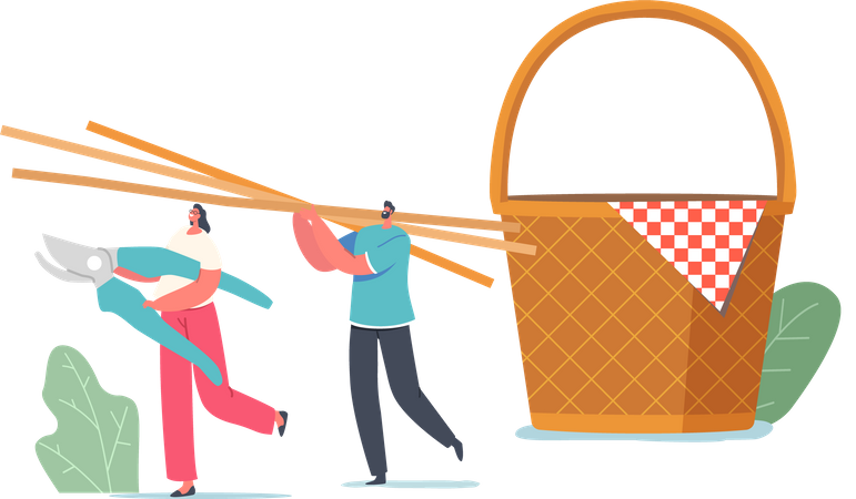 People Carry Straw Weaving Picnic Basket  Illustration