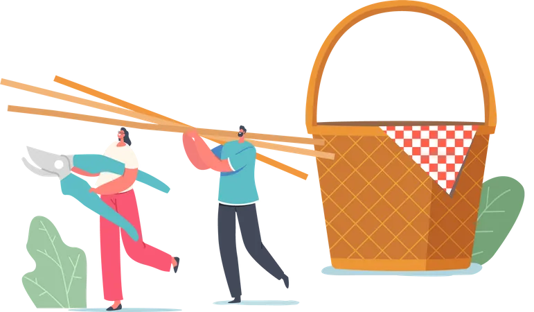 People Carry Straw Weaving Picnic Basket  Illustration