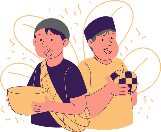 People carrying bowls of food and ketupat  Illustration