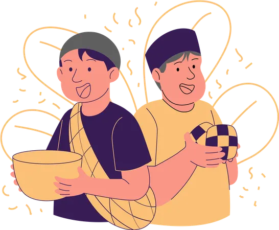 People carrying bowls of food and ketupat  Illustration