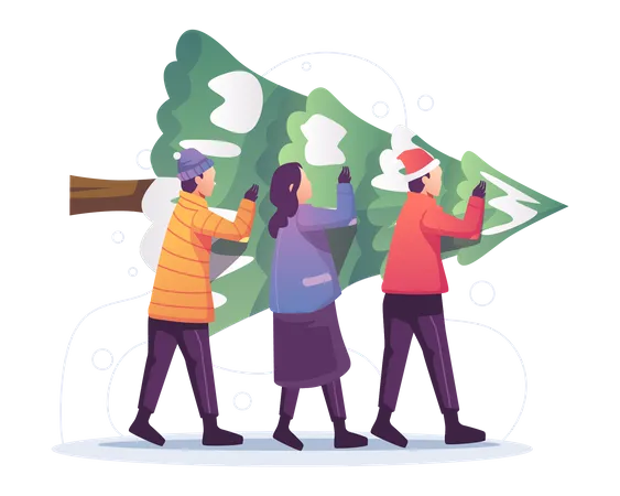 People carrying christmas tree  Illustration