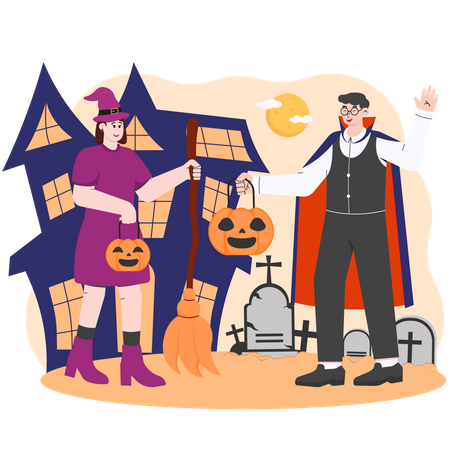 People Carrying Pumpkin in Halloween Party  Illustration