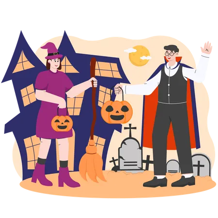 People Carrying Pumpkin in Halloween Party  Illustration