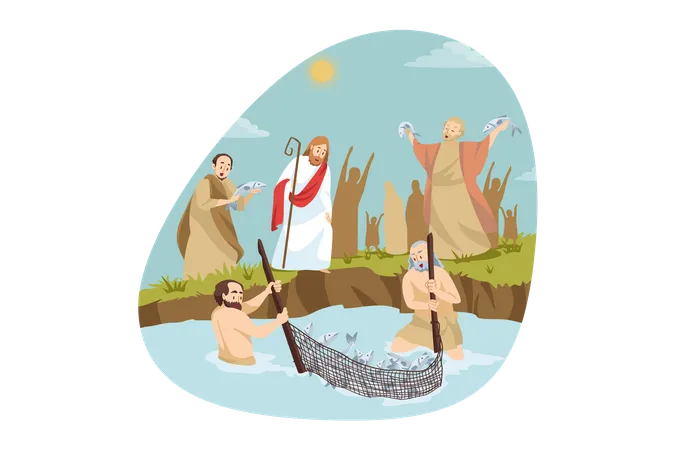 People catching fishes from lake  Illustration