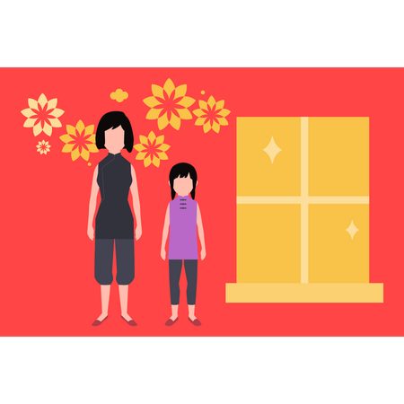 Mother and daughter celebrate chinese new year  Illustration