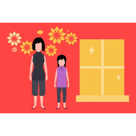 Mother and daughter celebrate chinese new year  Illustration