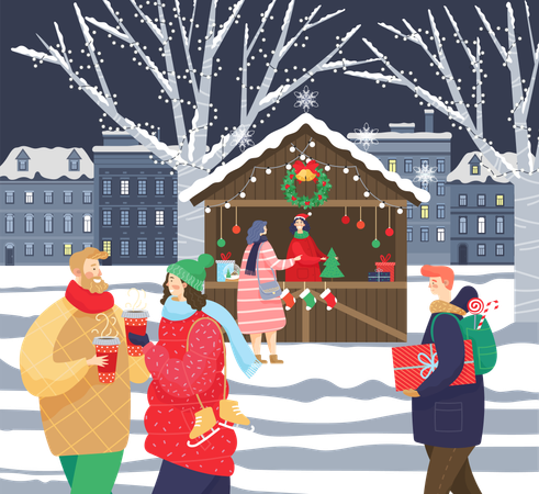 People Celebrate Christmas Fair in City  Illustration