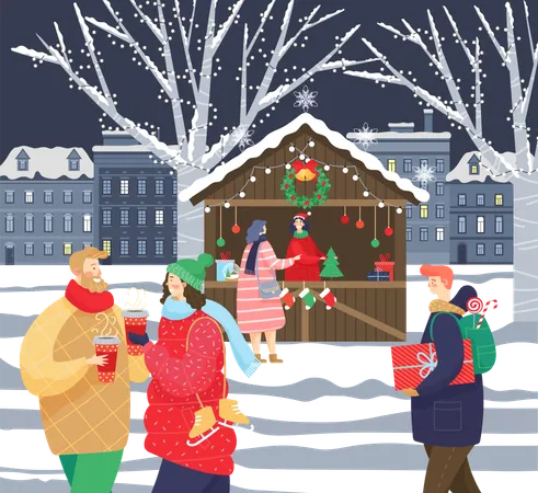 Christmas Fair In City People Preparing For Xmas Couple Stand Together And Drink Coffee Outdoor In Cold Weather Traditional Holiday Garlands On Tree Vector Illustration In Flat Of Holiday Market Illustration